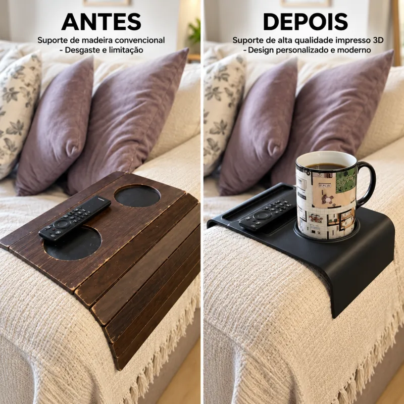 Bandeja 3D para Braço de Sofá – Controle e Caneca